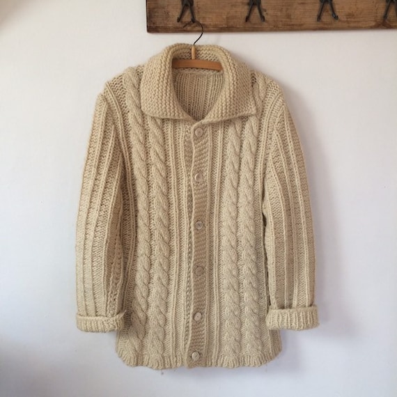 Vintage Wool Knitted Coat Coatigan Beige knit car… - image 6