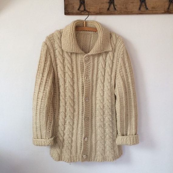 Vintage Wool Knitted Coat Coatigan Beige knit car… - image 1