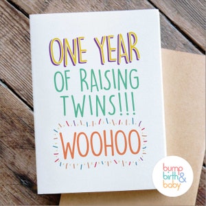 One Year of RAISING TWINS - parenting achievement - 1st birthday toddler - recycled card & envelope