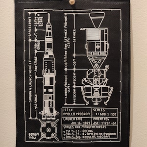 K&ouml;nnte beinhalten: Ein Schwarzwei&szlig;diagramm der Saturn V-Rakete und des Apollo-Kommando- und Servicemoduls. Das Diagramm enth&auml;lt den Titel "Apollo-Programm", das Startdatum "16. Juli 1969" und die Ma&szlig;st&auml;be "1:600, 1:100".