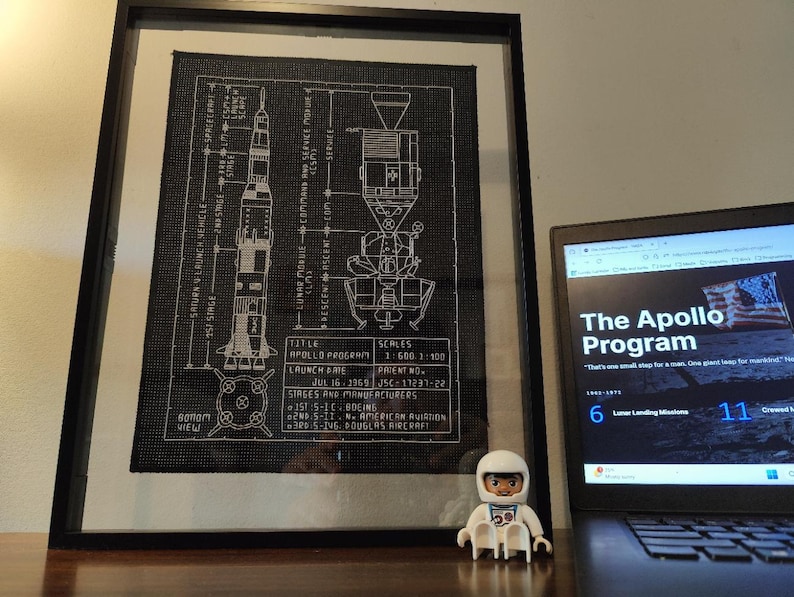 K&ouml;nnte beinhalten: Eine Schwarzwei&szlig;-Illustration im Blaupausen-Stil der Saturn V-Rakete des Apollo-Programms mit dem Text "The Apollo Program" und "That's one small step for a man, one giant leap for mankind." Das Bild enth&auml;lt auch den Text "Lower Landing Missions" und "Crew Landings".