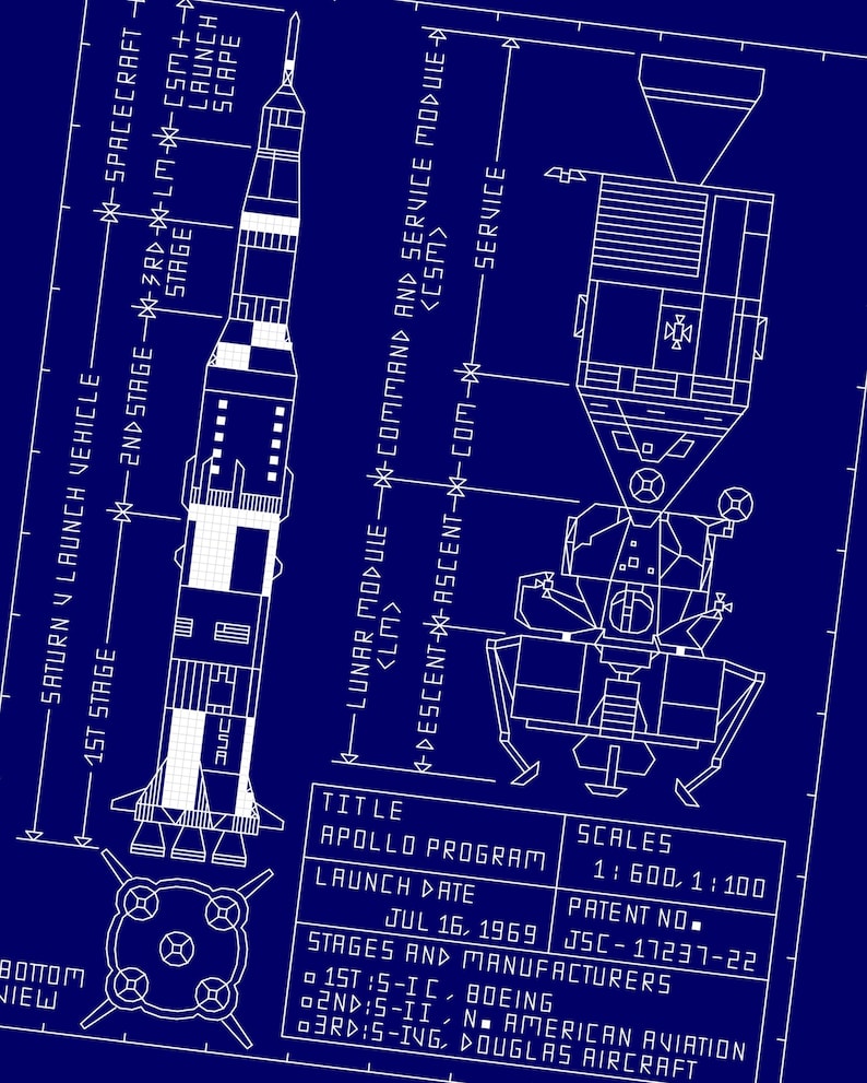 K&ouml;nnte beinhalten: Ein Blaupausen-Diagramm der Saturn V-Rakete und des Apollo-Mondmoduls. Das Diagramm zeigt die verschiedenen Stufen der Rakete und die Komponenten des Mondmoduls. Der Text auf dem Diagramm enth&auml;lt den Titel "Apollo-Programm", das Startdatum "Jul 16, 1969" und die Patentnummer "JSC-17237-22".