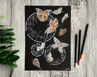 Butterflies Original Artwork Drawing - Colored pencils and black paper, 11x8in, Modern Realistic Art; Fine Artwork; Living Room Art