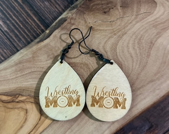 Wood Wrestling Mom Earrings, Wrestler Mom, Teardrop Wrestling Mom Earrings, Wrestling Gift Idea, Gift for Wrestling Mom