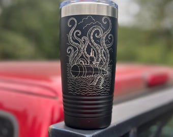 Submarine Octopus Travel Tumbler – 20 oz Laser Engraved Coffee Cup, Submariner Gift, Navy Gift | Funny Military Tumbler, Retirement Gift