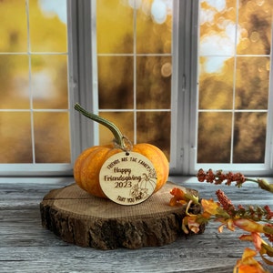 May include: A small orange pumpkin with a wooden tag that reads "Friends are the family you pick. Happy Friendsgiving 2023".
