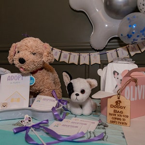 Peut inclure: Une sc&egrave;ne de f&ecirc;te avec des peluches de chiots, des cadeaux de f&ecirc;te et des ballons. La sc&egrave;ne comprend une bo&icirc;te cadeau rose avec le nom "Olivia", une &eacute;tiquette en bois avec "Doggy Bag" et des panneaux "Adoptez un chiot".