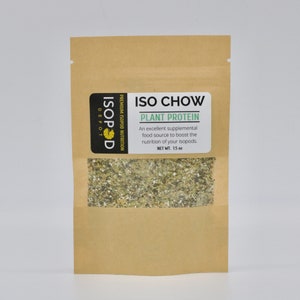 May include: A brown paper bag with a clear window showing a light green and white powder inside. The bag has a label that says "ISO CHOW PLANT PROTEIN" and "PREMIUM ISOPOD NUTRITION DEPOT". The label also says "An excellent supplemental food source to boost the nutrition of your isopods. NET WT. 1.5 oz."
