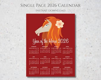 2026 Feuerpferd-Kalender: Chinesisches Sternzeichen (druckbares PDF)