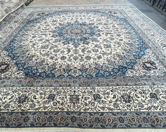Oversized Silk Rug, Handmade Turkish Rug, Palace Carpet, 16.5x16.5 ft Rug, Square Luxury Rug, White and Blue Rug,