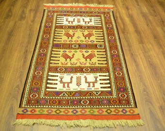 Vintage Armenian Kilim Rug: Embroidered Wool Animal Motifs, Bohemian Decor