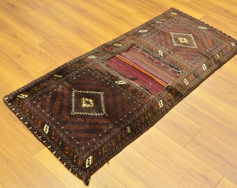 Vintage Wool Rug Bag, Dark Color Nomad Tribal Design