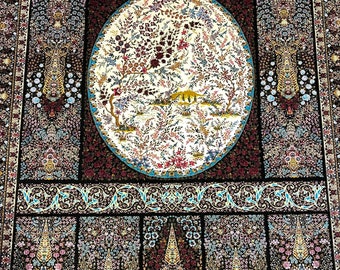 Wasbaar Turks zijden vloerkleed 4 x 6: rood en blauw jachttafereel