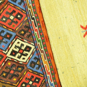 May include: Close-up of a section of a woven rug with a geometric pattern. The rug features a vibrant mix of colors, including red, blue, brown, and orange, arranged in a repeating diamond design. The other section is a light yellow color with red and black cross-like designs.
