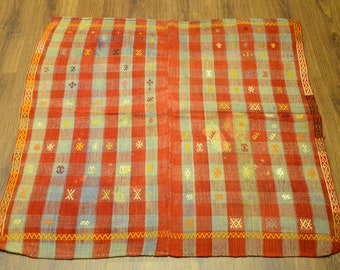 Square Kilim Rug: Vintage Handwoven Wool Carpet, Bohemian Wall Hanging