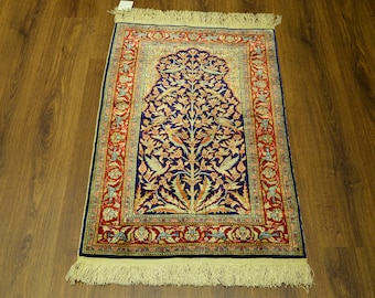 Handwoven Turkish Silk Rug, Hereke Floral Carpet, Wall Hanging