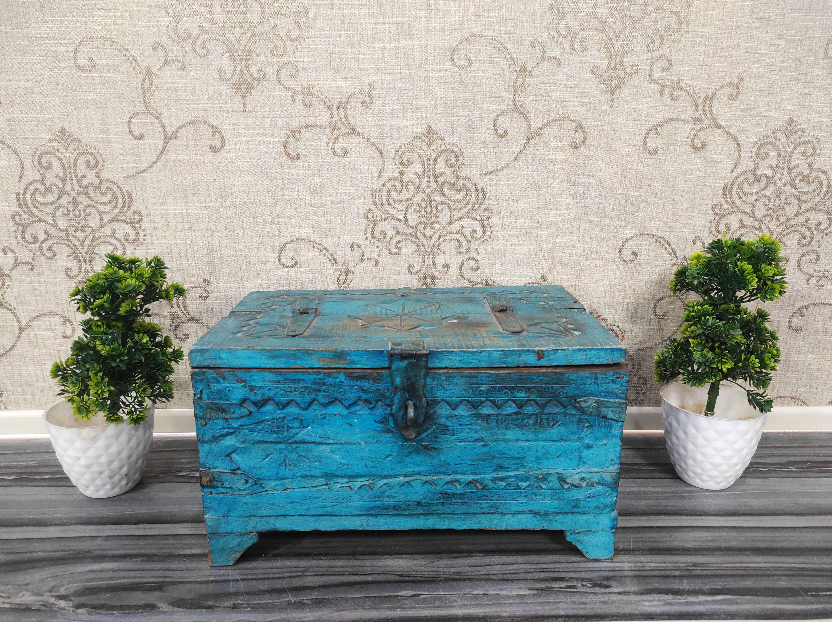 Vintage Wooden Box With Lid , Antique Hand Carved Wooden Box , Hand