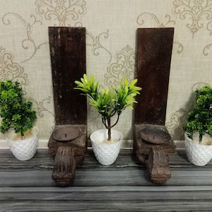 Old Wooden Floral Carved Candle Holder Pair ,Wall Hanging Candle Holder Pair , Unique Wall Decor Candle Holder Pair,Hand Carved Rustic Décor