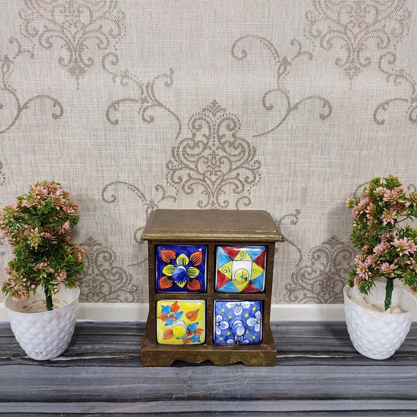 Wooden And Brass Work Chest , 4 Ceramic Drawers , Hand Made Wooden And Ceramic Drawer Chest, Wooden And Ceramic Small Jewelry Box ,Spice Box