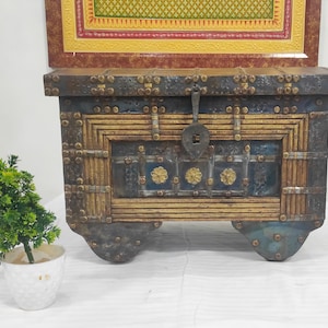 Wooden Vintage Trunk Box With Wheels , Vintage Indian Sandook Box , Handmade Storage Box , Original Treasure Chest , Vintage Wooden/Iron Box