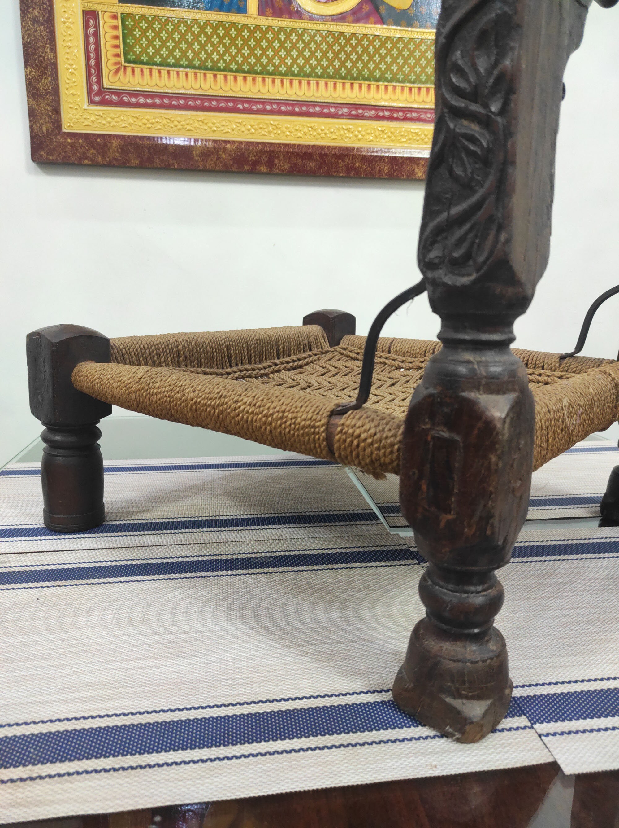 Vintage Wooden Indian Chair , Indian Carved Low Chair , Hand Woven Seat