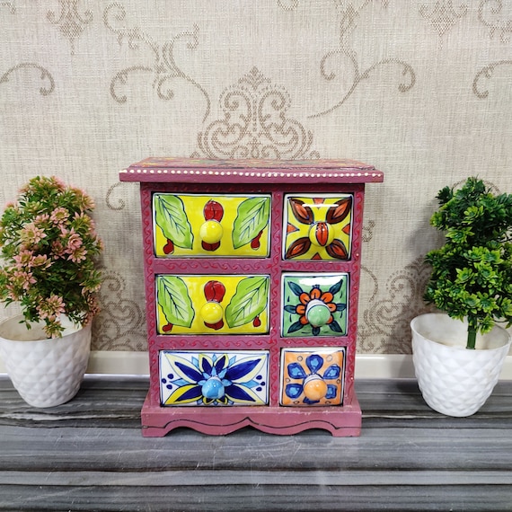 Wooden Hand Painted Chest 6 Ceramic Drawers Hand Made Wooden