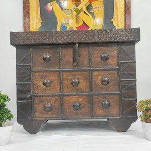 Wooden Vintage Trunk Box With Wheels , Vintage Indian Sandook Box , Handmade Storage Box , Original Treasure Chest , Vintage Wooden/Iron Box