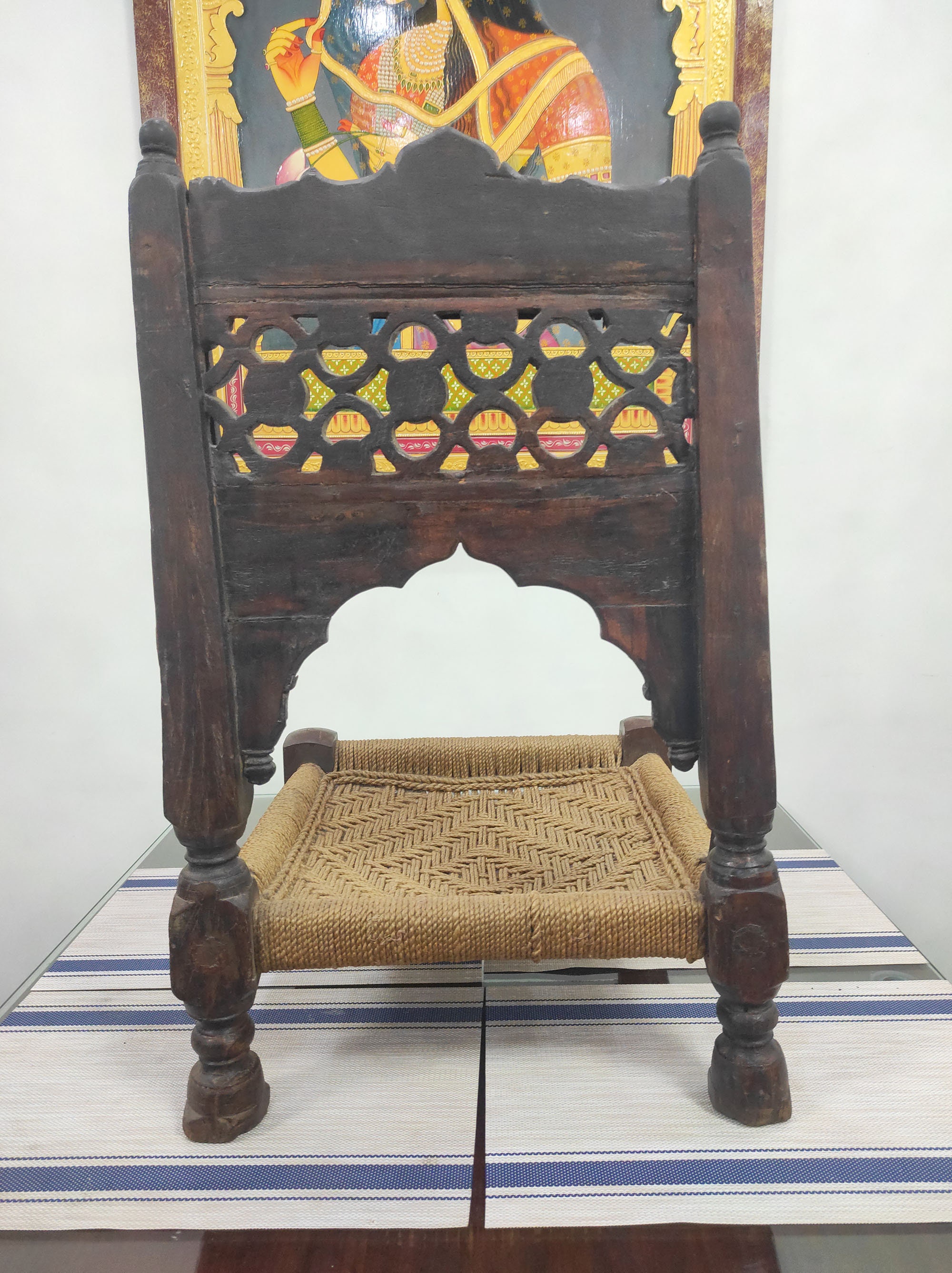 Vintage Wooden Indian Chair , Indian Carved Low Chair , Hand Woven Seat