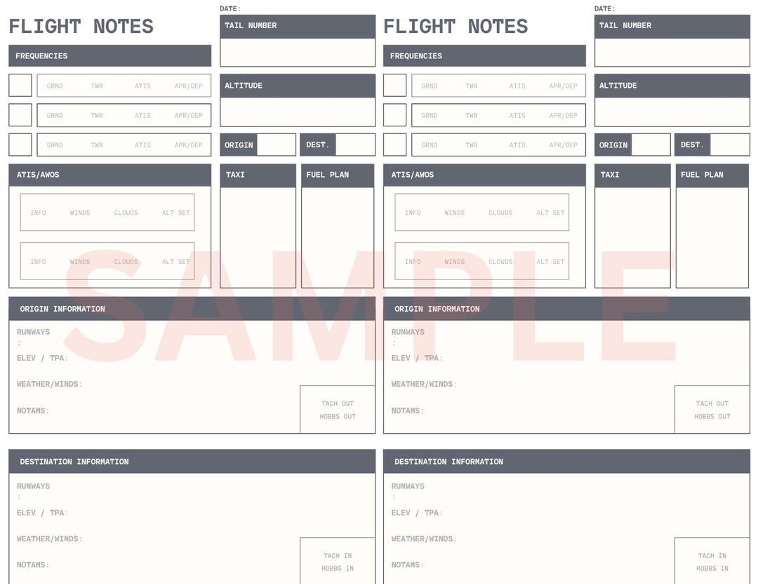 Pilot Inflight Notes Template, Landscape - Etsy