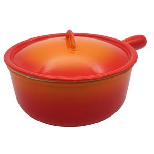 May include: Orange and red enameled cast iron pot with a lid and a single handle. The pot is round and has a gradient color from orange to red.