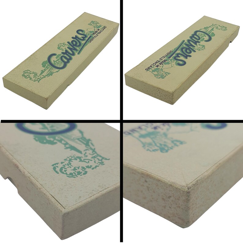 May include: A rectangular box with the word "Carvers" in a script font, and the words "Sheffield England" in a smaller font. The box is a light beige color with blue and green text.