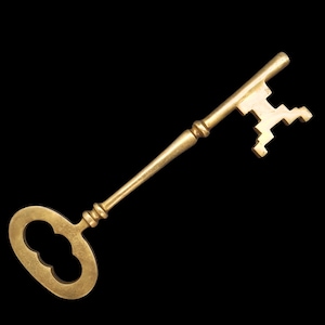 May include: A vintage-style brass key featuring a large, oval-shaped bow with a decorative cutout, a slender cylindrical shaft with two distinct ringed collars, and a complex, stepped bit design at the end, all finished in a polished gold tone.