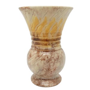 May include: A ceramic vase featuring a flared rim and a bulbous body. The surface displays a marbled pattern in shades of cream, beige, and brown, with a distinct horizontal ribbed texture around the neck and a smooth, glossy finish throughout.