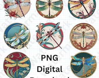 Art Nouveau Dragonfly PNG Clipart: Vintage Insect Illustrations (Digital Download)