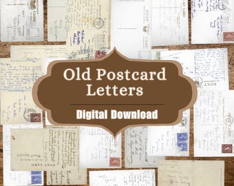 May include: A digital download of vintage postcards and letters. The image shows a collection of old postcards and letters with handwritten messages and stamps. The text "Old Postcard Letters" and "Digital Download" is displayed on a brown banner.