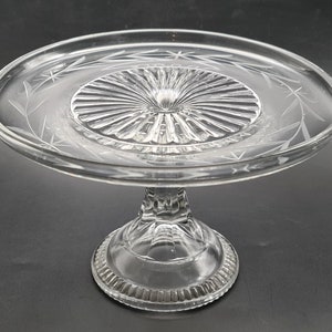 Antique Edwardian Glass Cake Stand Late Victorian Pedestal Display Decorative Retro Collectable Food Etched Pressed Footed Round Vintage