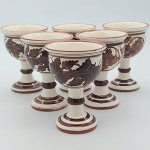 Vintage Moses Porcelain Sherry Small Wine Goblets Hand Painted Hand Made In Cyprus Brown Ceramic Glazed Glasses Drinking Party Set Of Six 6