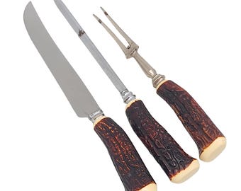 Vintage Faux Stag Handle Carving Set, Knife, Fork & Sharpener, Rustic Tableware, Sheffield