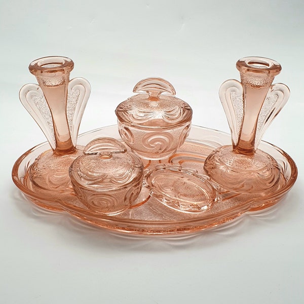 Vintage Art Deco Vanity Set Bagley Glass Rutland Pattern Tray Candlesticks Pots Pink 1930's Gift Beauty Early 20th Century Pressed Powder