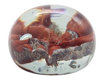 Guernsey Island Studio Vintage Glass Paperweight | Red & White Swirl Design | Collectible Handmade Art Glass
