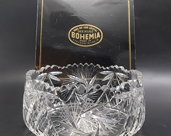 Vintage Bohemia Lead Crystal Cut Glass Bowl. 20cm Hand Cut Czech Heavy Display Piece