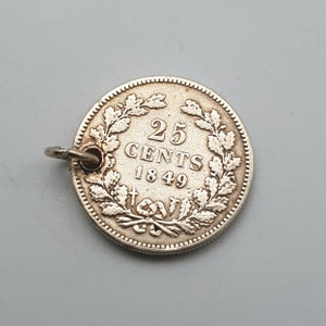 Antique 1849 Silver 25 Cent Coin Charm Willem II Netherlands Bracelet Necklace Gift Special Used Love Collectable Europe Victorian