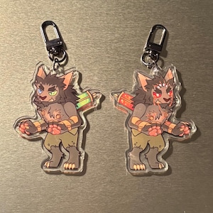 Puede incluir: Dos llaveros de acrílico transparente con un personaje de lobo de dibujos animados negro y gris con detalles verdes y rojos. Los llaveros representan a un personaje de lobo con una jeringa en la espalda.