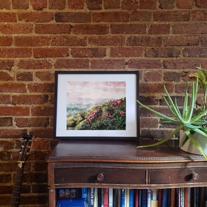 May include: A framed watercolor landscape painting featuring a hillside with pink flowers and a soft, pastel sky. The artwork is displayed on a dark wooden cabinet, with a guitar and a potted aloe plant nearby, against a brick wall.