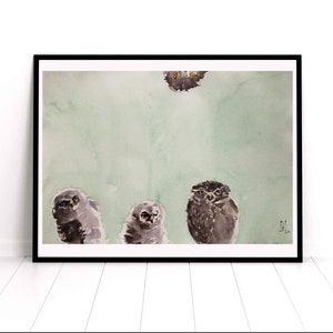 Baby Owls (2023) Original Watercolor Art Prints, Unframed