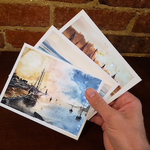Nautical Watercolor Postcards - Set of 3 - Boats, Sea, Beach House Collection, Original Art Prints