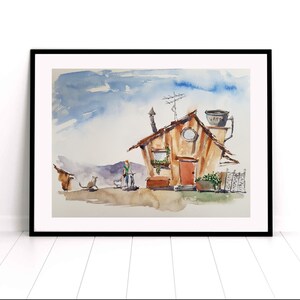 Happy Pets and a Crooked House (2020) Hand Painted Watercolor, Original and Print Wall Art, Unframed