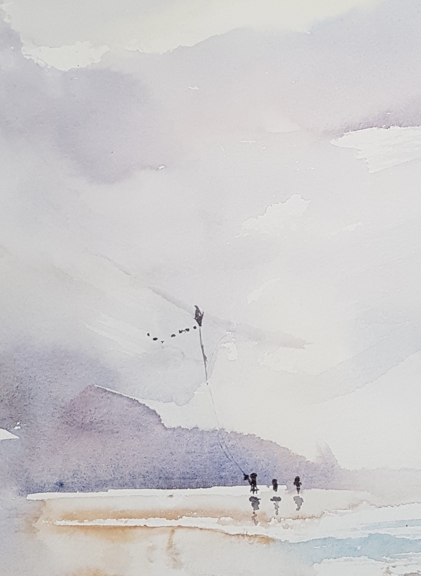 Kids Flying a Kite (2019) Watercolor Print Wall Art, Beach House Art ...