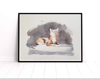 Sunbathing Cat (2020) Watercolor Print Wall Art, Unframed