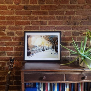 Snowy Paris Cat (2019) Watercolor Print Wall Art, Unframed